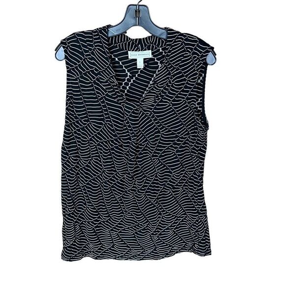 Dana Buchman Blouse V Neck Black White Textured Leaf Print Sleeveless Large - Picture 1 of 9